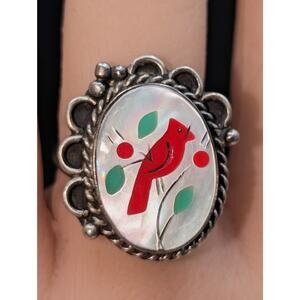 Vtg Southwest Mother of Pearl Inlay Cardinal 925 Sterling Silver Ring Size 6.25